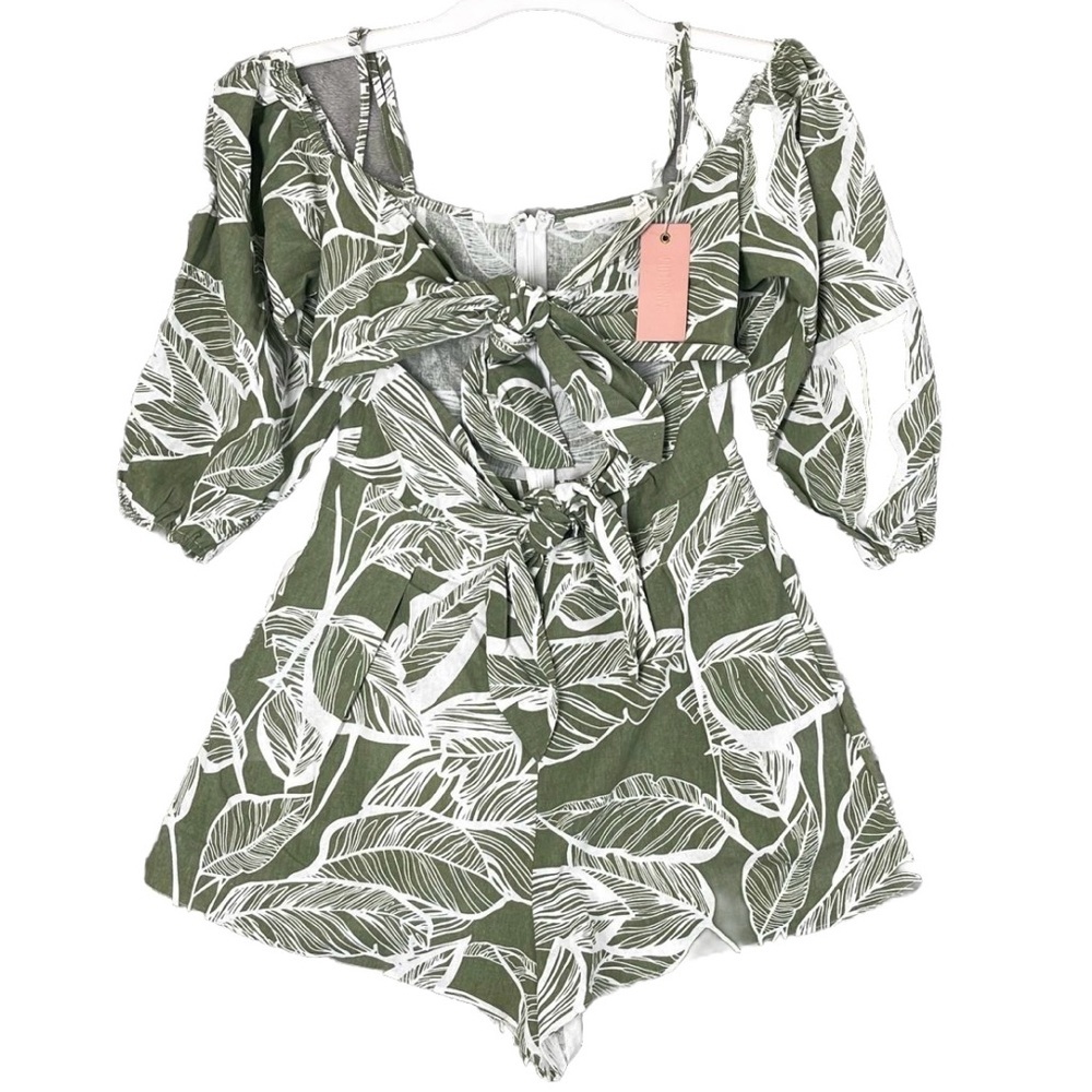 Miss Lola Olive Green & White Leaf Print Romper Jumpsuit